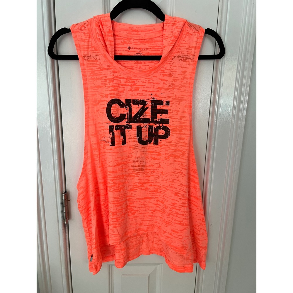 Beachbody Cize It Up Neon Orange Burnout Hooded Muscle Tank Top L Womens